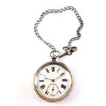 A Victorian gentleman's silver cased pocket watch, open faced, key wind, enamel dial bearing Roman
