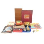 Games and toys, including draughts, rainbow dominoes, playing cards, toy scales, German clockwork