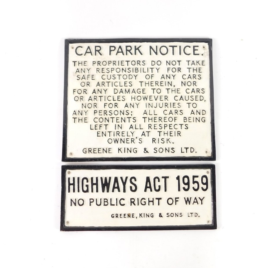 Two metal signs cast in relief for Greene King & Sons Ltd, one inscribed Highways Act 1959 No Public