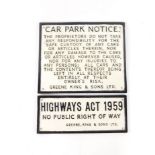 Two metal signs cast in relief for Greene King & Sons Ltd, one inscribed Highways Act 1959 No Public
