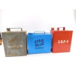 An ESSO blue paraffin can, painted blue with dark blue lettering, 24.5cm H, a red painted petrol can