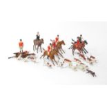 A Britain's hunting set, comprising seven hunters on horseback, a standing hunter, fox and