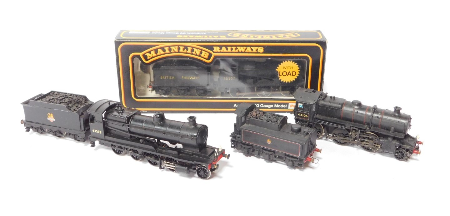 Three kit built OO gauge locomotives, British Rail black livery, comprising 63598, 43106 and 65557.