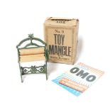 A British early 20thC toy mangle, No 5 with screw pressure, boxed.