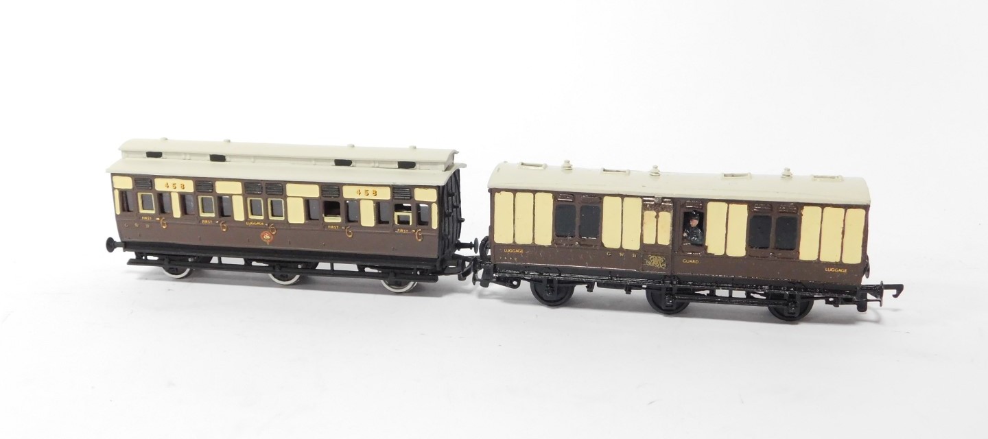 Two kit built OO gauge coaches, comprising an LMS brown livery 1st and Luggage Class coach and a GWR