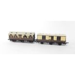 Two kit built OO gauge coaches, comprising an LMS brown livery 1st and Luggage Class coach and a GWR