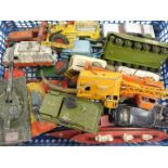 Dinky and other die cast military and civilian vehicles, battleships, etc., play worn. (qty)