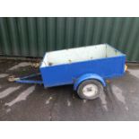A metal and wooden framed car trailer, painted blue, 153cm x 124cm.