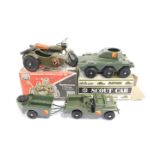 A Cherilea Toys German Army Motorcycle and Sidecar, PP Scout Car, both boxed, and two further
