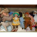 Six early 20thC cloth dolls, possibly Norah Wellings, together with a Teddy Bear, donkey and a