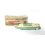 A Hornby tin plate clockwork speedboat, with keys, boxed.