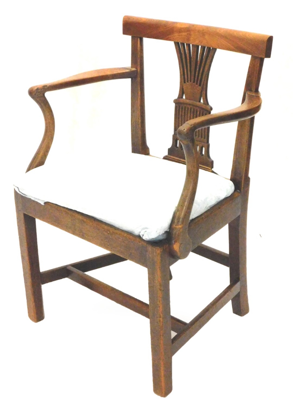 A 19thC mahogany open armchair, with a pierced splat, drop in seat on chamfered legs with H