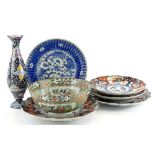 A collection of Oriental porcelain, to include Imari dishes, a Canton bowl, and an Islamic enamelled