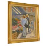 Sylvia Molloy. Figures at a flower stall, oil on canvas, 51cm x 39cm.