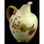 A Royal Worcester blush ivory ground ewer, painted with flowers, printed mark to underside in