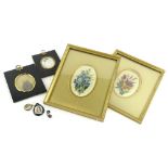 Miscellaneous miniatures, to include jewellery, and a pair of 19thC floral watercolours in gilt