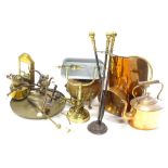 A large quantity of metalware, to include jardiniere's, copper and brass kettle, a coal scuttle,