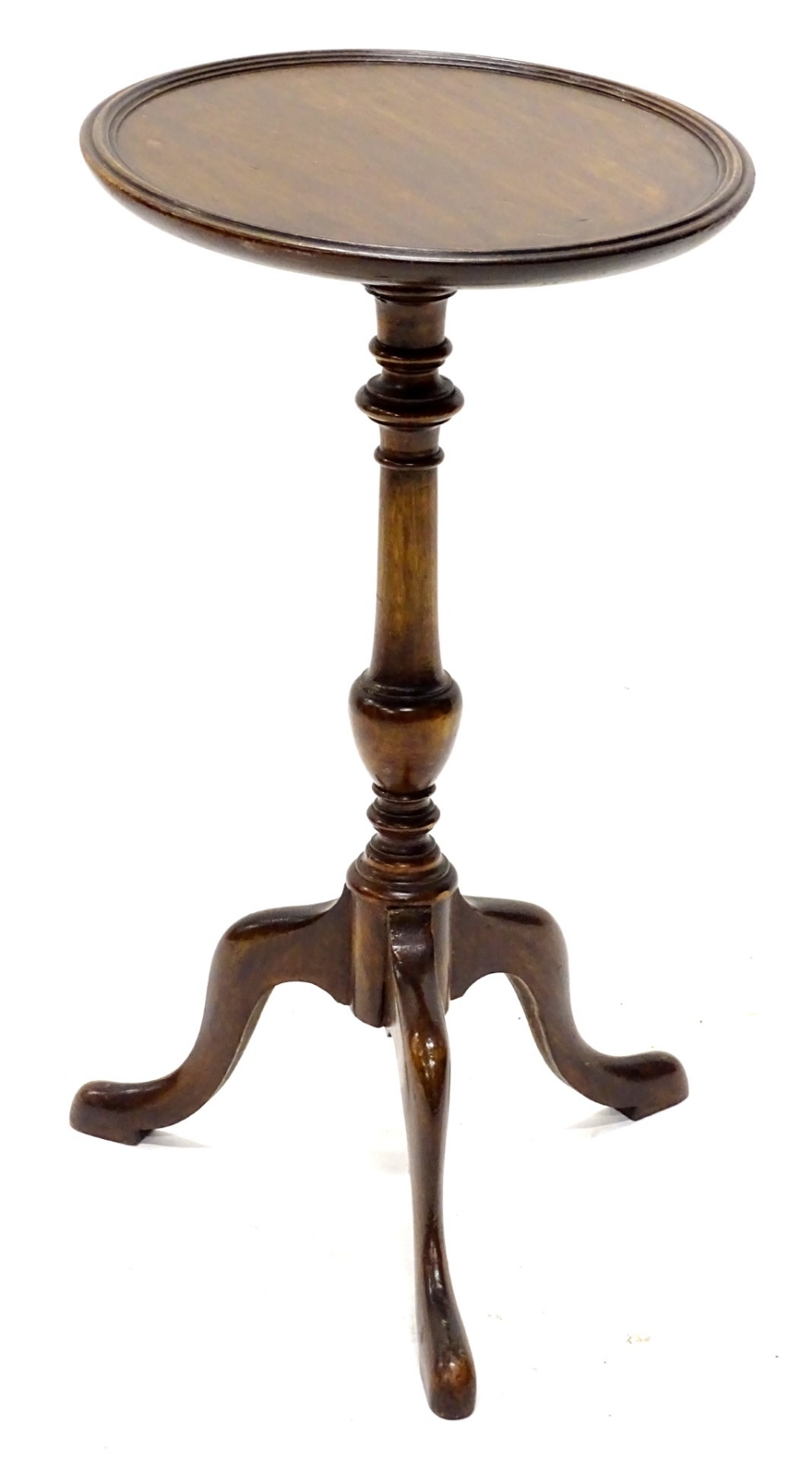 A walnut occasional table, the circular dish top with turned column and tripod base, (AF), 30cm