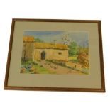 Alvarez. Figure outside thatched cottage feeding chickens, watercolour, signed, 20cm 29cm