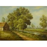 20thC British School. River landscape with farm building, oil on canvas, indistinctly signed, 72cm x