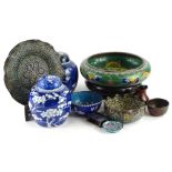 A collection of Oriental items, to include cloisonne bowl, champleve dishes, and two similar