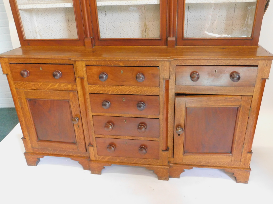 A 19thC North Country oak and mahogany dresser, the raised back with three glazed doors, the - Image 2 of 2