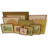Oriental paper cut pictures, needleworks and prints (a quantity).