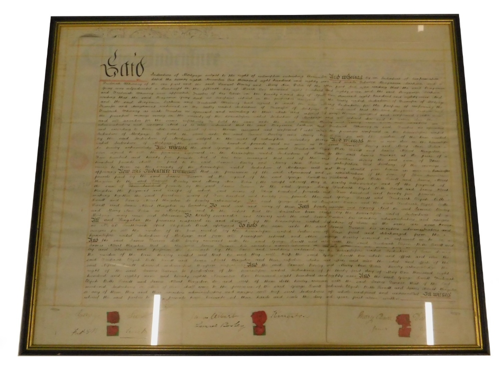 A 19thC indenture dated 1887, relating to a mortgage redemption etc., bearing various signatures,