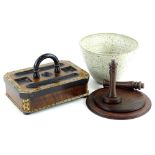 A Victorian walnut and parquetry desk stand, with ebonised decoration, 26cm W, a Studio Pottery