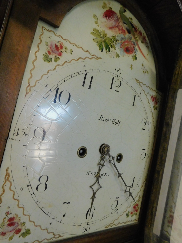 Richard Holt, Newark. A longcase clock, the arched dial painted with birds, flowers etc., eight - Image 2 of 2