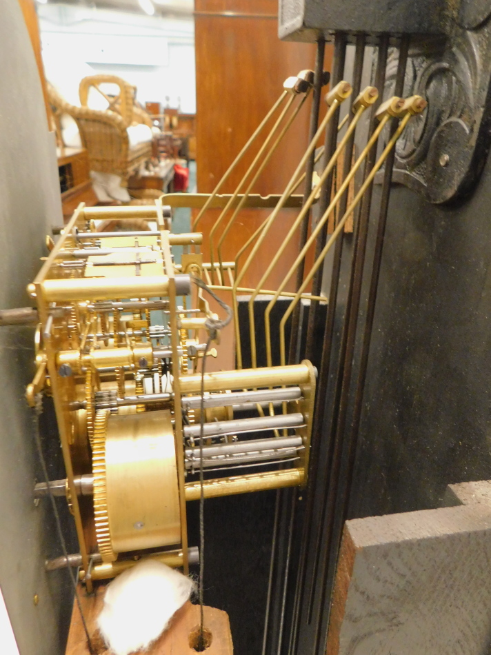 A grandmother clock in oak case, the arched brass dial signed Tempus Fugit above a single door - Image 3 of 3