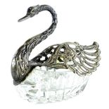 A cut glass and silver mounted swan ornament, the wings stamped 925, 12cm L.