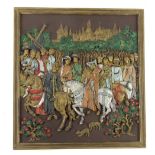 A hand decorated plaque, decorated with a medieval scene, 34cm W.