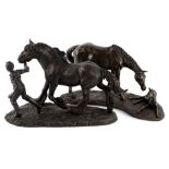 After Tom Mackie, a horse being lead, bronzed resin, 36cm W, and another by the artist of a farmer