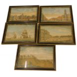 A group of five late 18th/early 19thC coloured engravings, each depicting buildings, naval battles