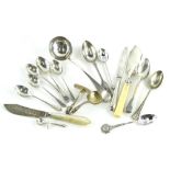 A collection of small silver etc., to include two spoons, butter knife with ivory handle etc.