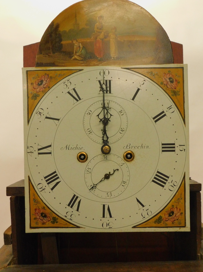 Michie, Brechin. An early 19thC longcase clock, the arched dial painted with a lady and two young - Image 3 of 3