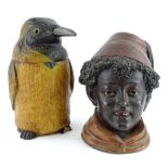 A carved Black Forest type tobacco jar, modelled in the form of a penguin, 17cm H and a Victorian