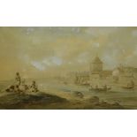 John Cantiloe Joy (1806-1866). Harbour scene with figures and boats, watercolour, 28cm x 34cm.