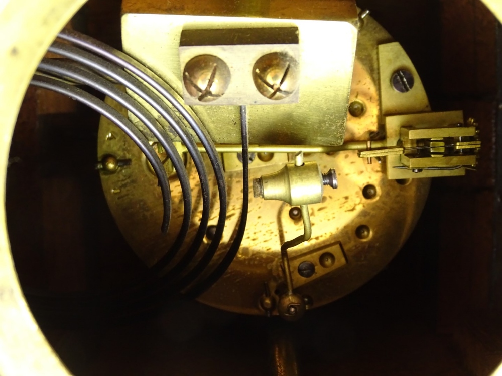 A Continental mahogany case mantel clock, with gilt brass mounts, the enamel dial with Arabic - Image 3 of 3