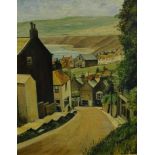 J. Rigg (20thC). Down the bank, Robin Hoods Bay, oil on board, signed and titled verso, 61cm x 45cm.
