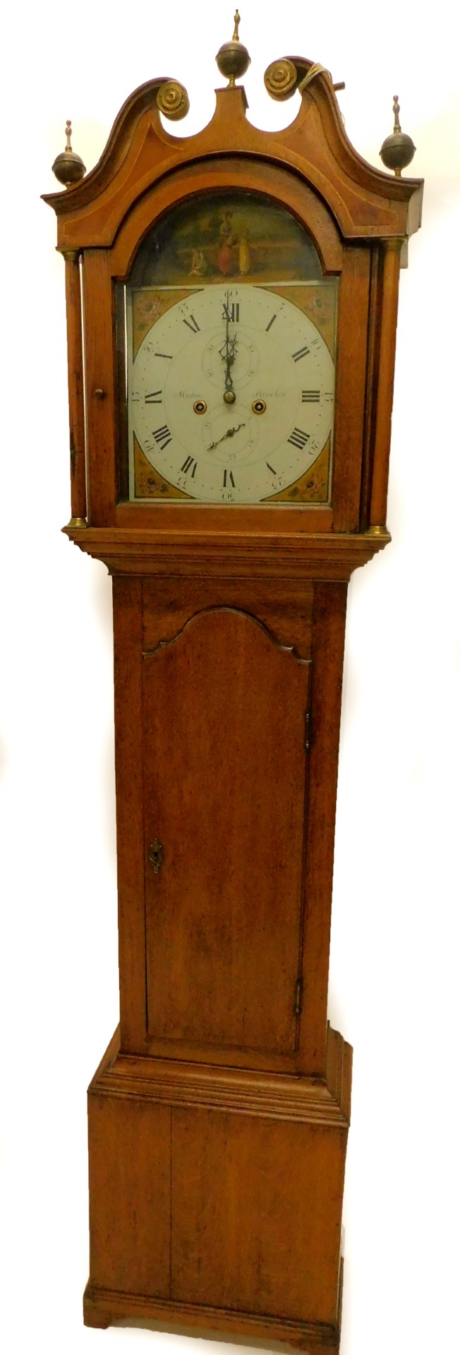 Michie, Brechin. An early 19thC longcase clock, the arched dial painted with a lady and two young