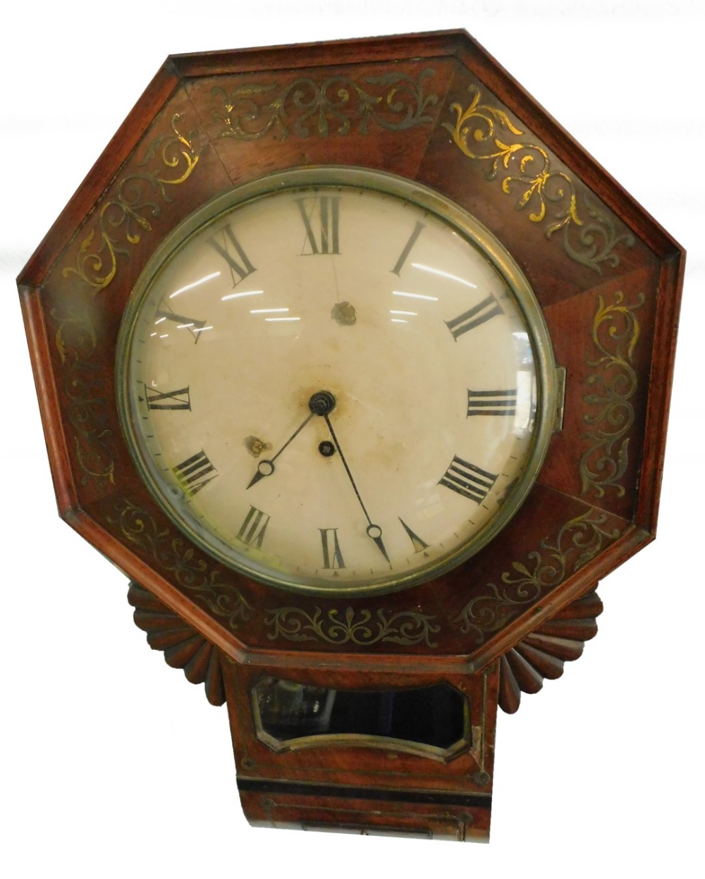 A Regency mahogany brass inlaid drop dial wall clock, the painted dial with Roman numerals, the case