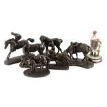 P. Parsons. Lady mounting a horse and grooming a horse, bronzed resin figures, four others, and a