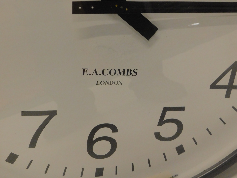 A large factory type clock, with grey painted frame, the dials bearing name E.A. Combs London, - Image 2 of 2