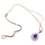 A modern pear shaped amethyst and diamond necklace, in cluster design pendant with central