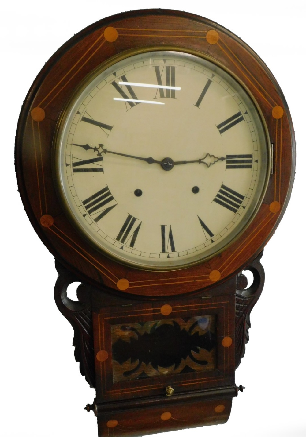 A late 19thC walnut and inlaid drop dial wall clock, with a painted dial, 70cm H.