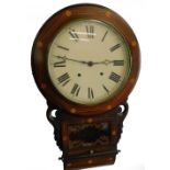 A late 19thC walnut and inlaid drop dial wall clock, with a painted dial, 70cm H.