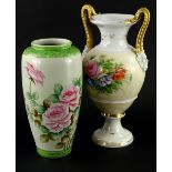 A Paris porcelain two handled vase, decorated with flowers, stamped to underside Bali, 35cm H, and a