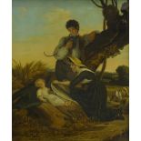 18thC British School. Sleeping in the corn field, over painted print, 43cm x 35cm.